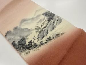 作家物　縮緬地手描き屋敷に人物・遠山模様名古屋帯